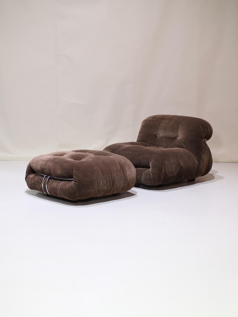 Soriana fauteuil en hocker Cassina bruin chroom Italië 1970s, Ophalen, -, -, 75 tot 100 cm