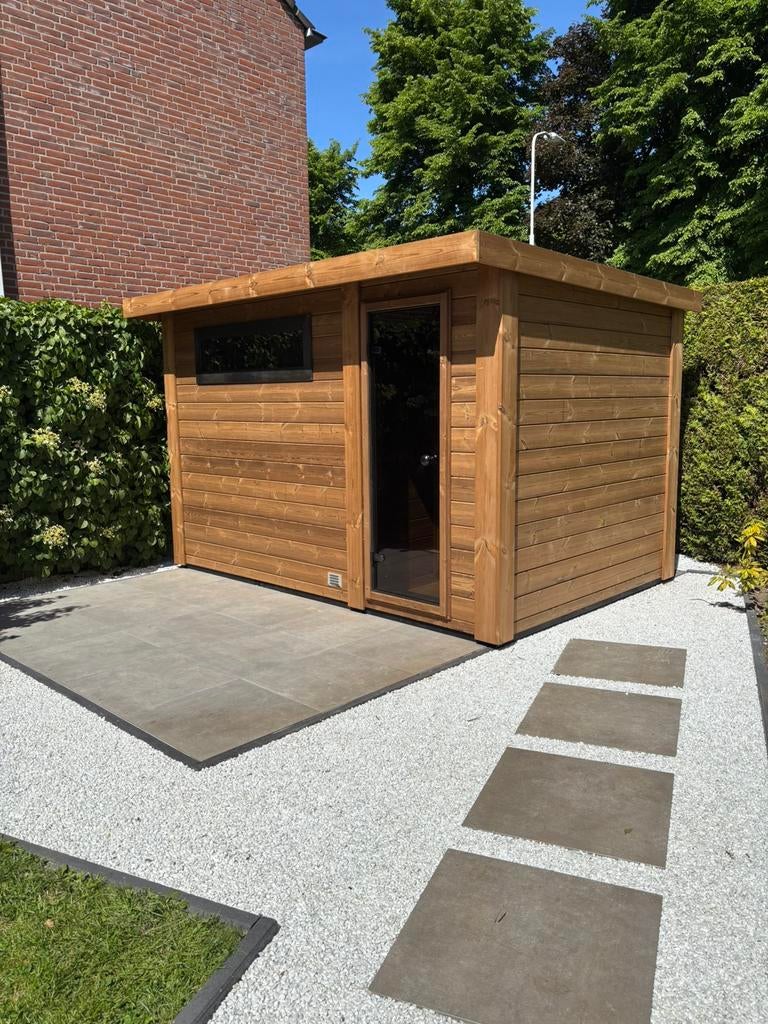 Thermowood buitensauna met voorruimte sauna tuinsauna, Ophalen of Verzenden, Nieuw, Fins of Traditioneel, Complete sauna