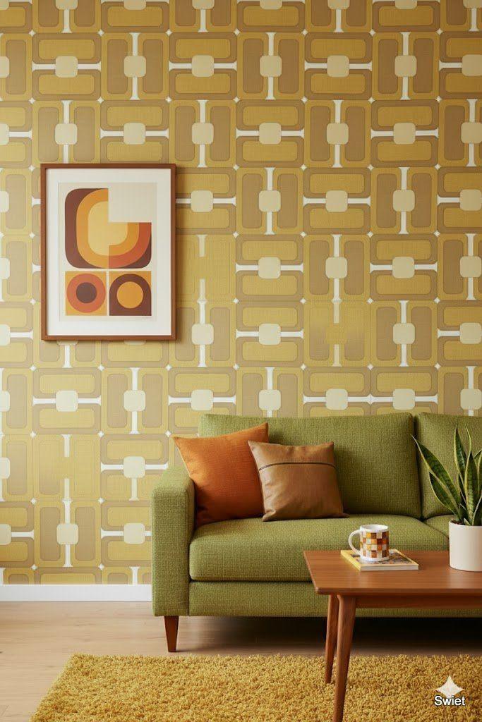 6861 groot grafisch vintage behang oker en bruin swiet, Huis en Inrichting, Stoffering | Behang, Ophalen of Verzenden, 50 tot 75 m²