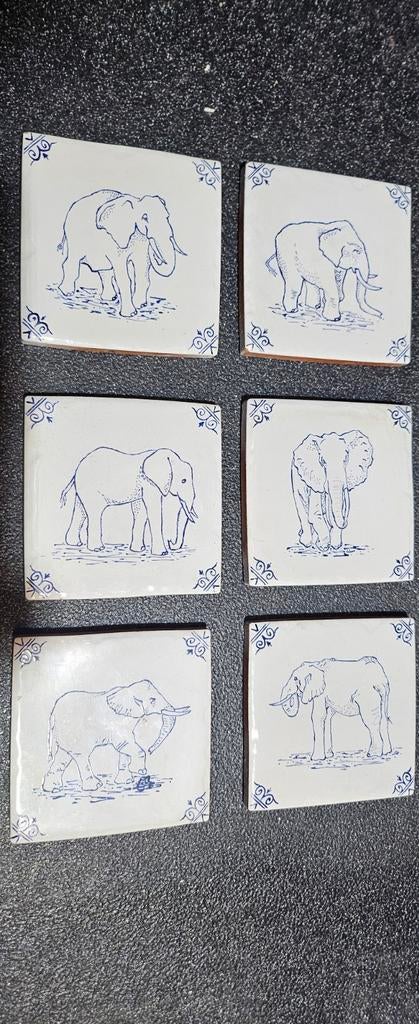 Zes Tegels10x10 met Olifanten opdruk handgeschilderd, Ophalen of Verzenden