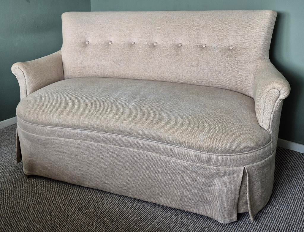 Rond gecapitonneerd bankje - Beige geweven stof, Huis en Inrichting, Ophalen, Gebruikt, Klassiek, Tweepersoons