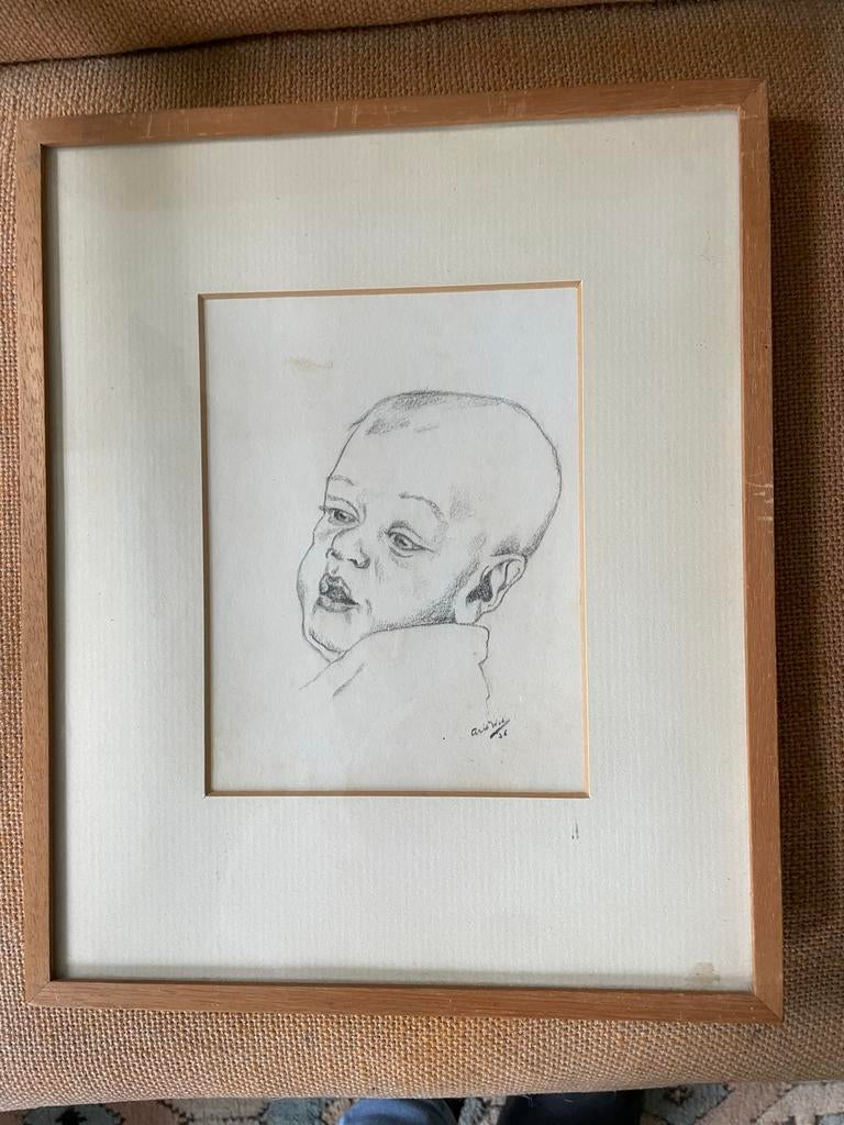 Zeldzame tekening Arie Kater 1936 - Babyportret, Antiek en Kunst, Kunst | Tekeningen en Foto's, Ophalen of Verzenden