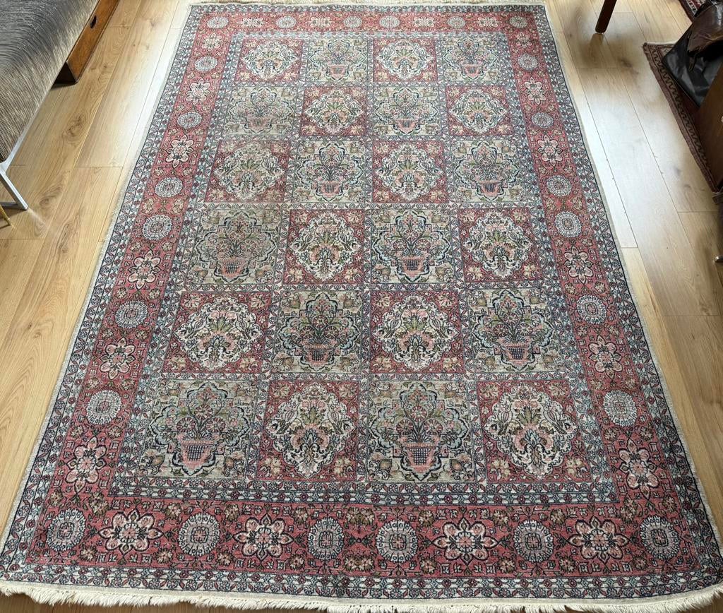 Handgeknoopt vintage Kashmir tapijt 283 x 185 cm, Gebruikt, 150 tot 200 cm, Klassiek – landelijk – eclectisch – bibliotheek, Rechthoekig