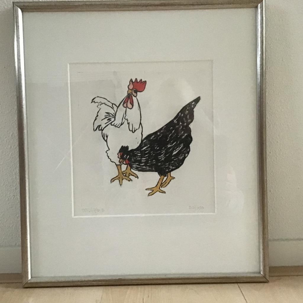 Ingekleurde ets haan & kip, Antiek en Kunst, Ophalen