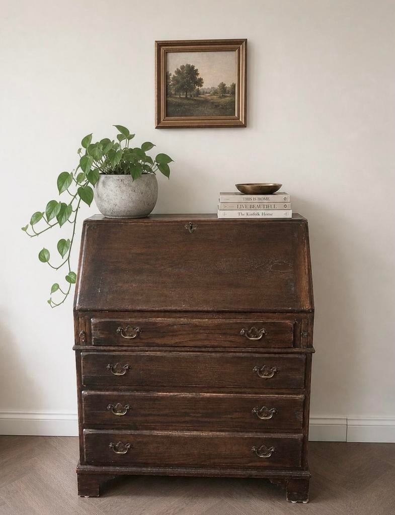 Vintage houten secretaire kast donkerbruin hout, Ophalen