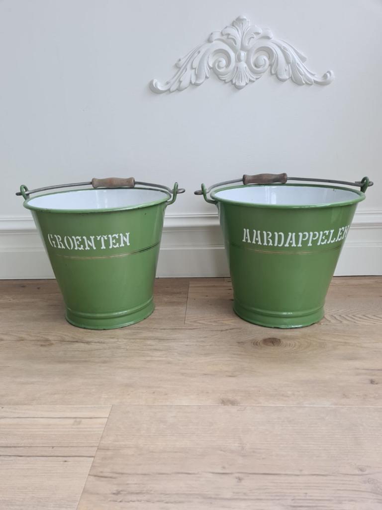Emaille emmers met 'aardappelen en groenten', Antiek en Kunst, Antiek | Emaille, Ophalen of Verzenden