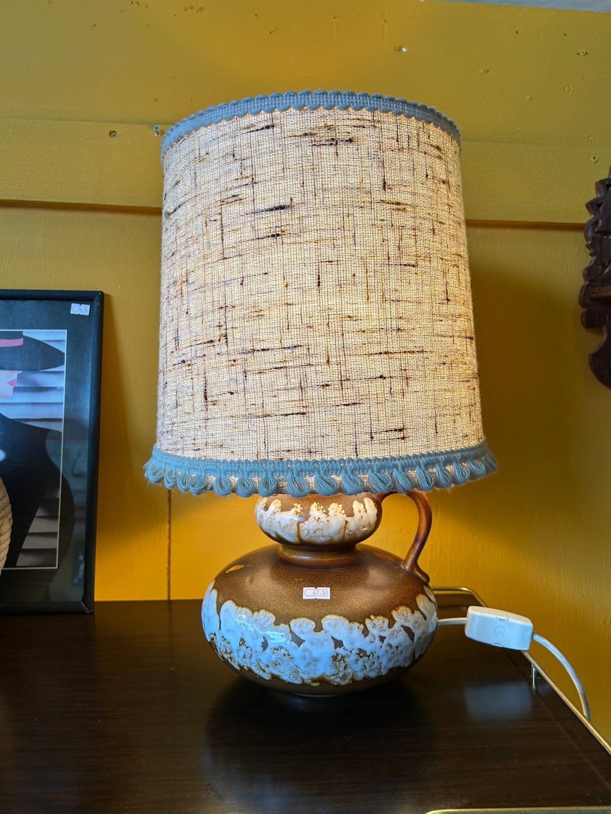 Vintage 70’s keramieken tafellamp, bruin beige, Ophalen of Verzenden, Huis en Inrichting