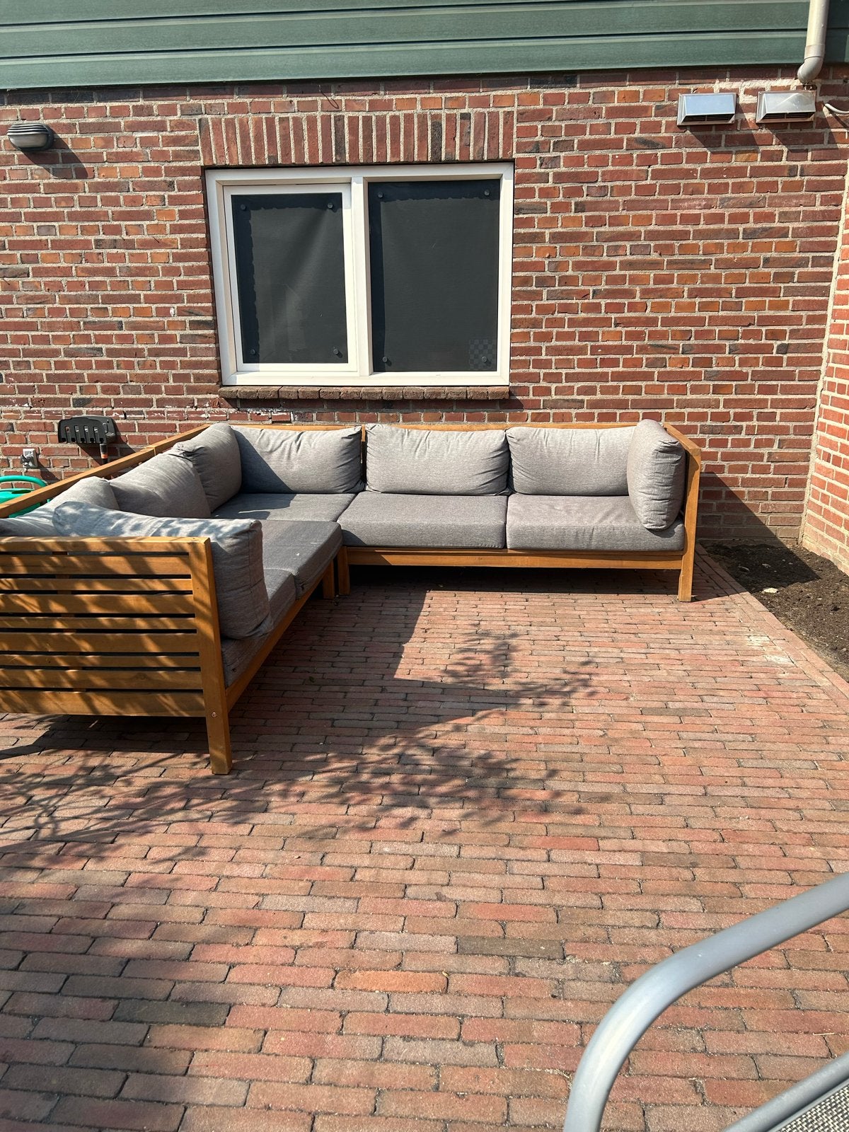 houten loungeset met grijze kussens, Ophalen, Gebruikt, 6 zitplaatsen, Loungeset