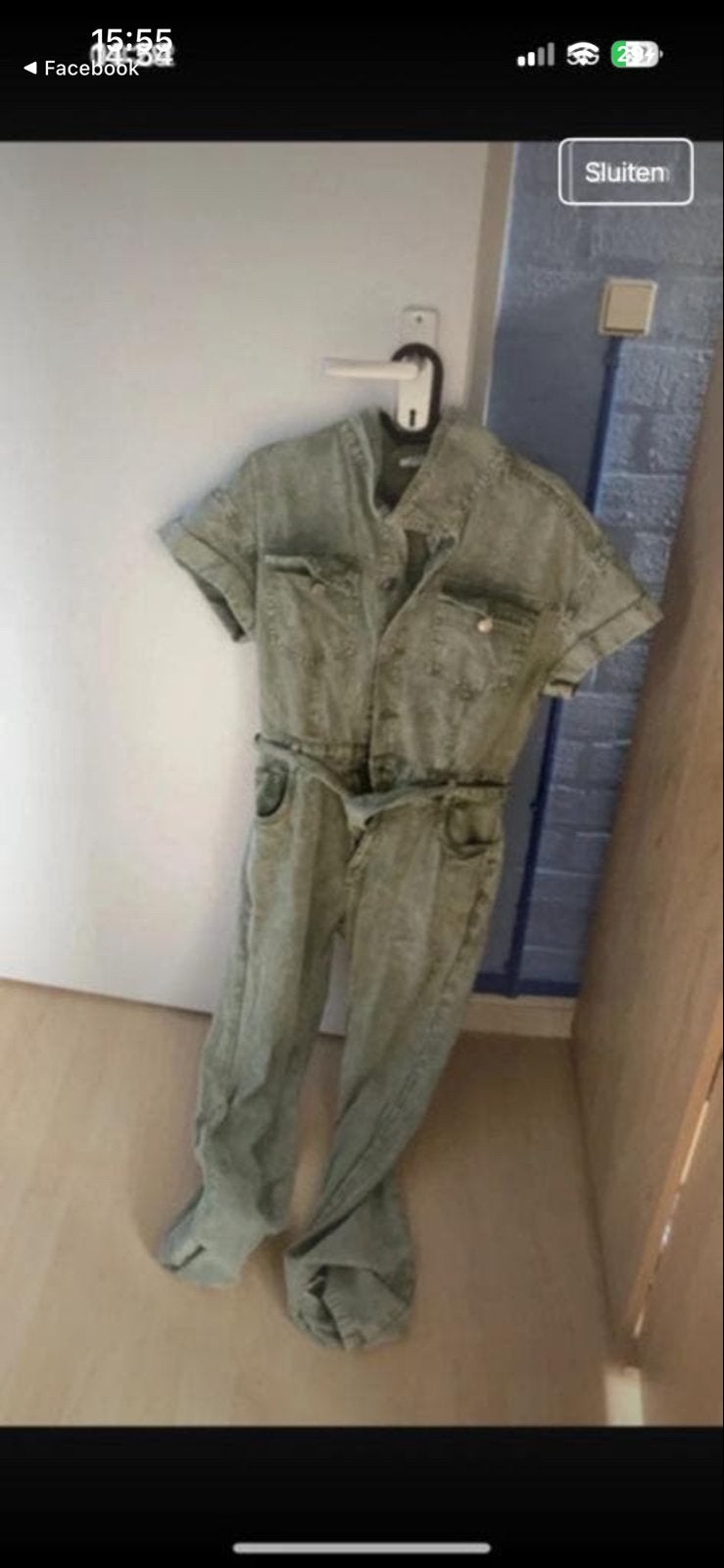 Stoere denim jumpsuit met korte mouwen en ceintuur, Ophalen of Verzenden, Nieuw, Maat 36 (S), Groen