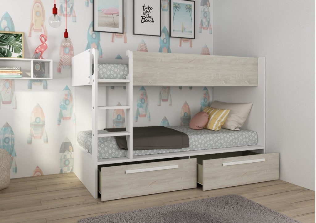 Jules stapelbed met twee lades - 90x200 - Wit, Niet ingevuld, Niet ingevuld, Niet ingevuld