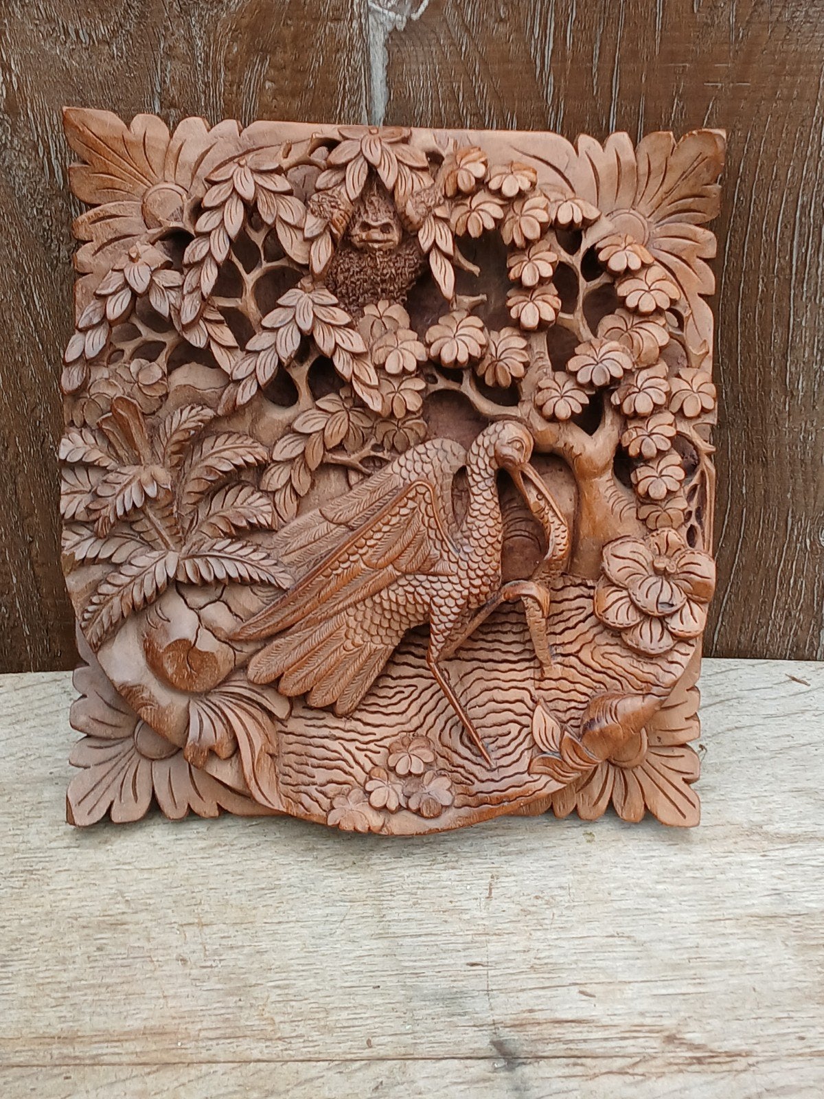 Vintage Handgesneden Balinese Houten Sculptuur - Kraanvogel, Houtsnijwerk, Ophalen of Verzenden, Handgemaakt, 20 - 50 cm