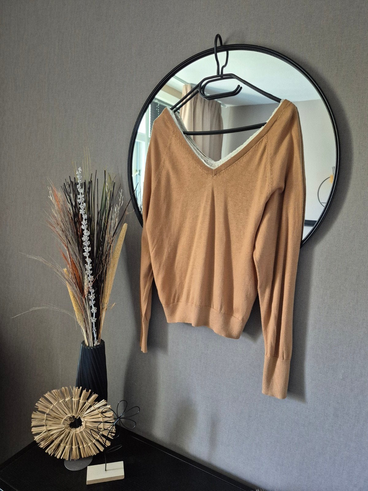 Zara camelkleurige trui met V-hals en kant maat M, Maat 38/40 (M), Bruin, Zara, Ophalen of Verzenden