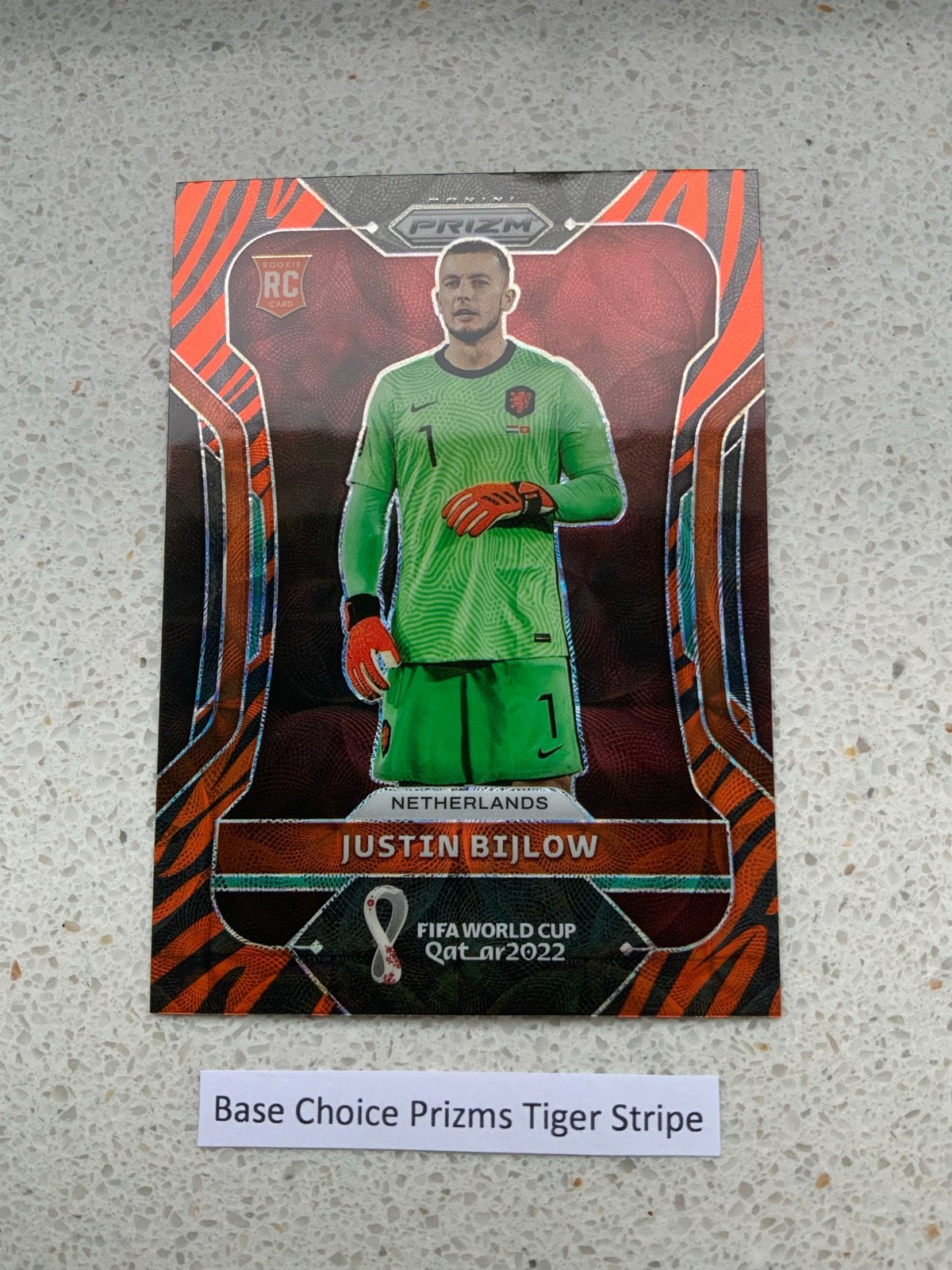 Justin Bijlow 2022 Panini Prizm WC Qatar Choice Tiger Stripe, Verzamelen, Sportartikelen en Voetbal, Verzenden, Nieuw, Feyenoord