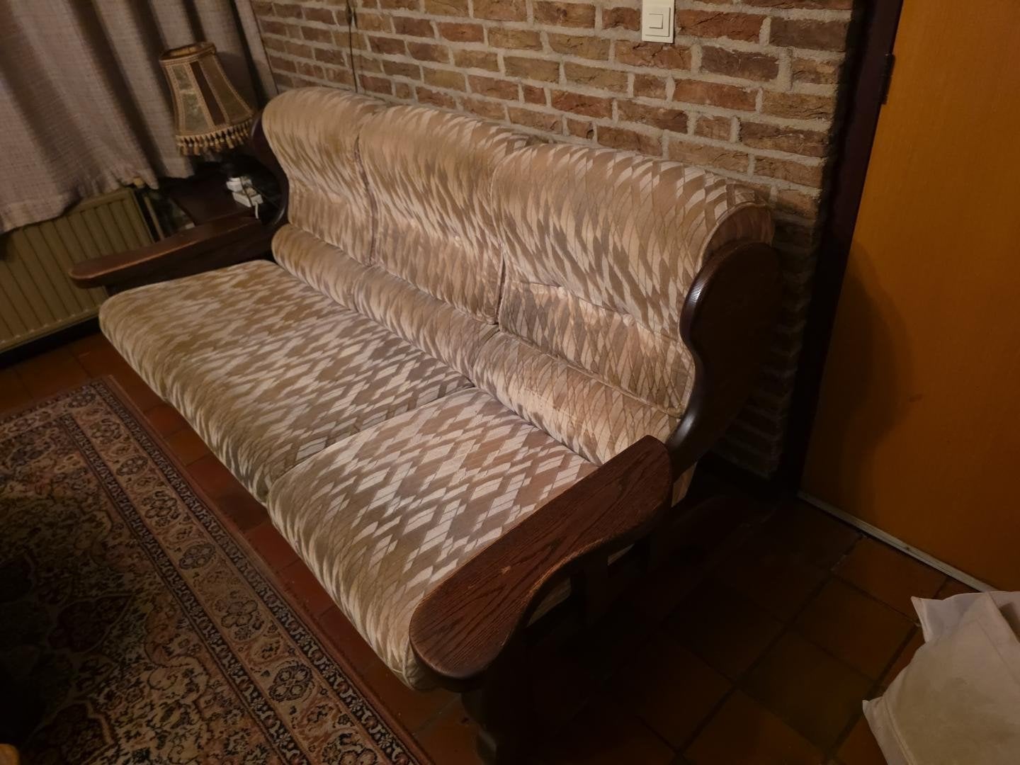 Vintage houten bank en fauteuils set, Huis en Inrichting, Ophalen, Hout, Gebruikt, Driepersoons