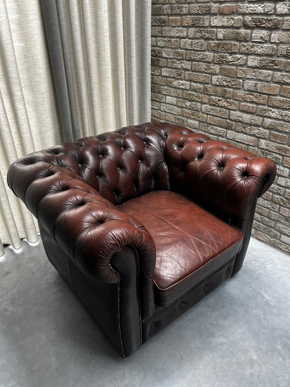 Chesterfield fauteuil buffelleer, Ophalen, Gebruikt, Eenpersoons, Minder dan 150 cm