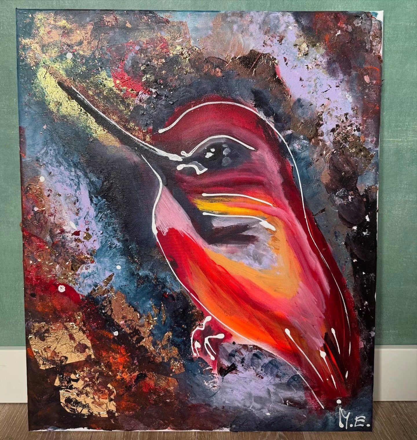 Schilderij IJsvogel - Autumn style - M.E. (Malou Etienne Boe, Antiek en Kunst, Kunst | Schilderijen | Modern, Acrylverf, Handgeschilderd