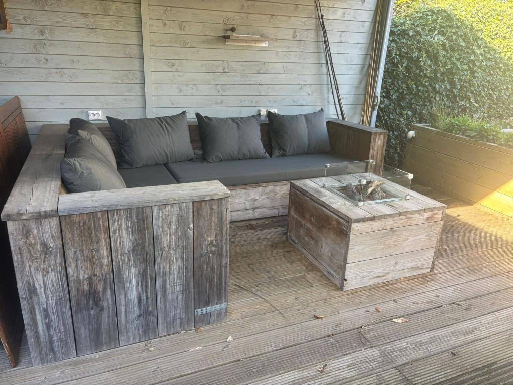 Steigerhouten Loungebank inclusief kussens!, Tuin en Terras, Tuinsets en Loungesets, Ophalen, Gebruikt, 6 zitplaatsen, Steigerhout