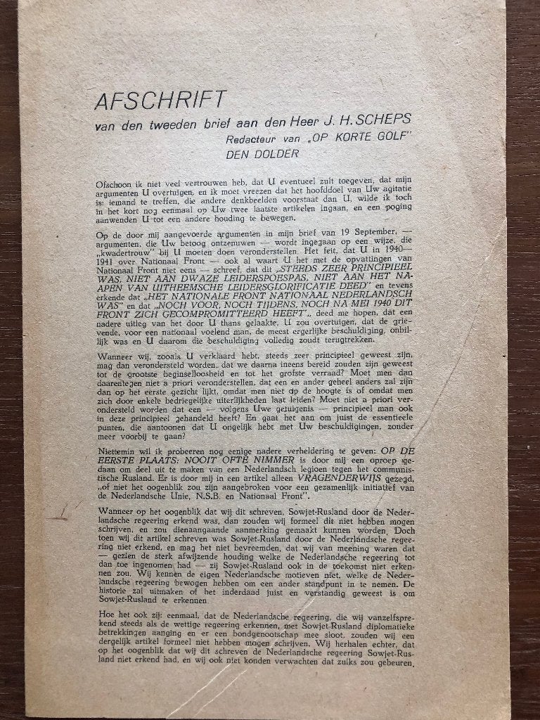 October 1945. Nationaal front. Arnold Meijer antwoordt op de, Verzenden, Arnold Meijer, Overige onderwerpen, Tweede Wereldoorlog