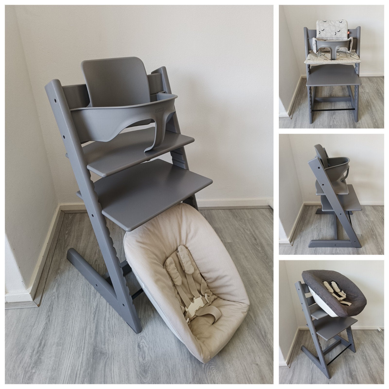 Stokke Tripp Trapp storm grey+babyset,kussen,newbornset,hoes, Meegroeistoel, Ophalen of Verzenden, Zo goed als nieuw, X