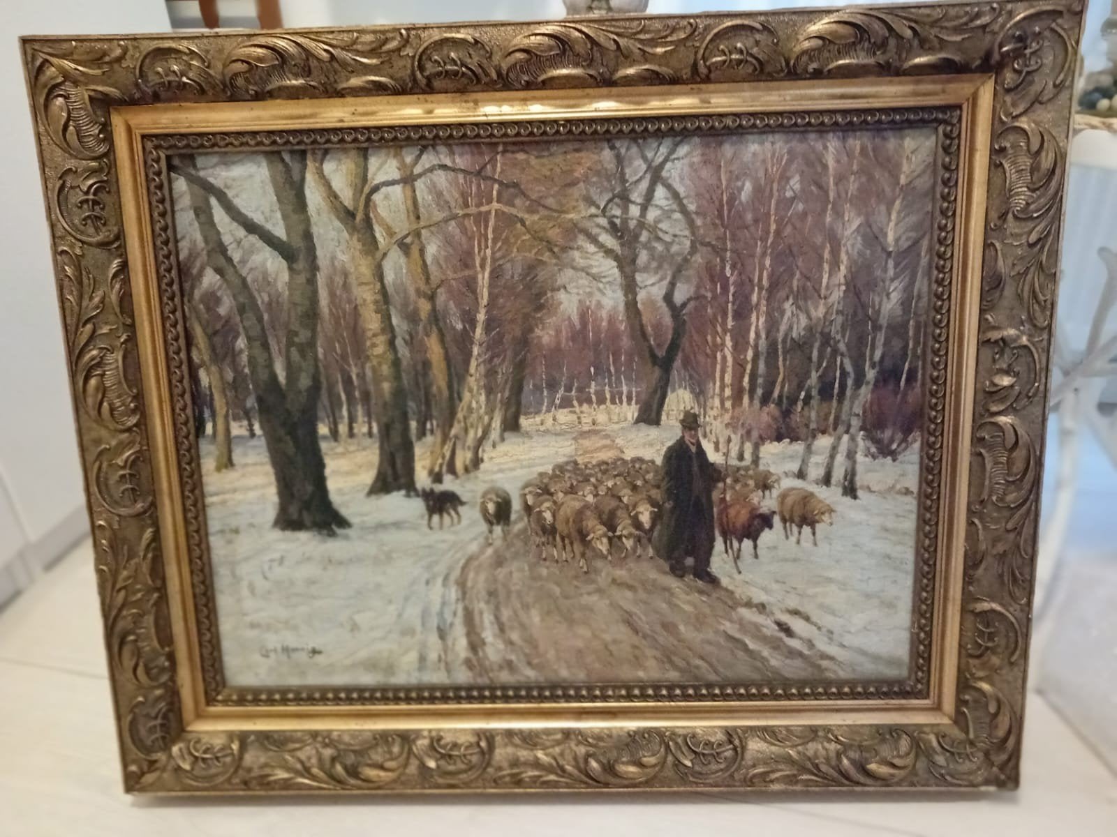 Schilderij Carl Hennig, winterlandschap - Herder met schapen, Doek, Realistisch, Ophalen of Verzenden, Landschap