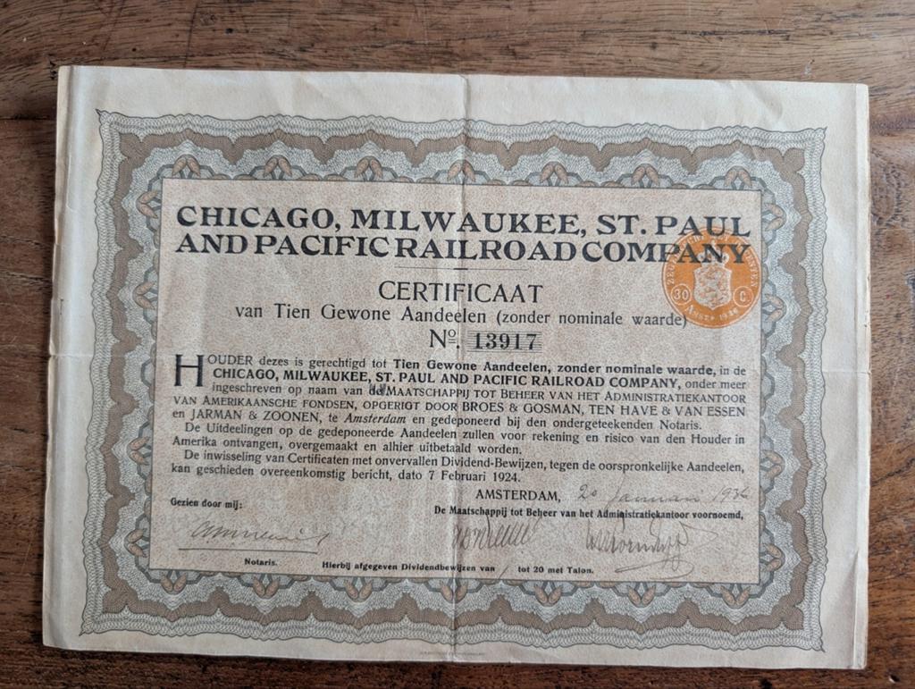 Certificaat aandelen Chicago, Milwaukee, Pacific Railroad, Postzegels en Munten, Aandelen en Waardepapieren, Ophalen of Verzenden