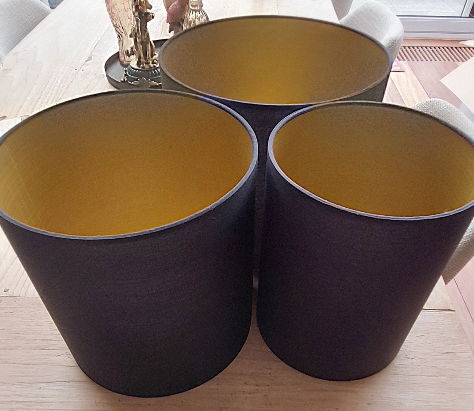 Set van 3 zwarte lampenkappen met gouden binnenkant, Ophalen, Zo goed als nieuw, Zwart, Rond