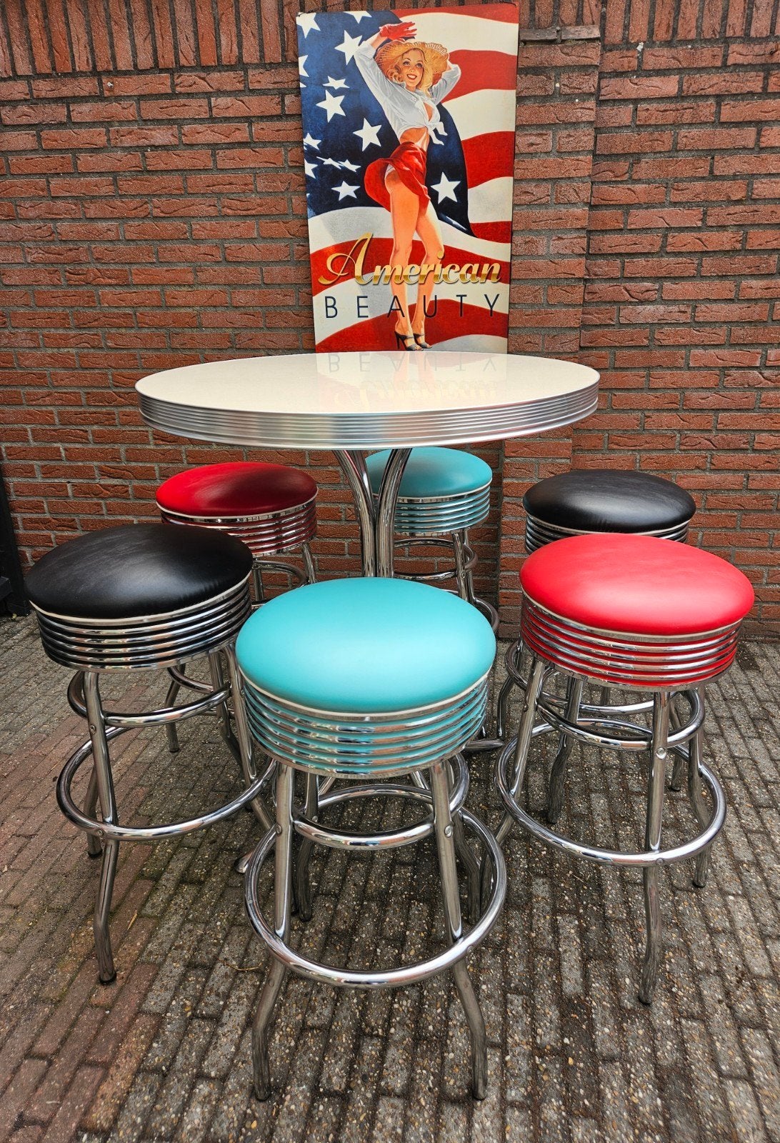 FIFTIES SIXTIES AMERIKAANSE BEL AIR BARKRUKKEN MET TAFEL, Huis en Inrichting, Barkrukken, Ophalen, Draaibaar, 60 tot 90 cm, Zo goed als nieuw
