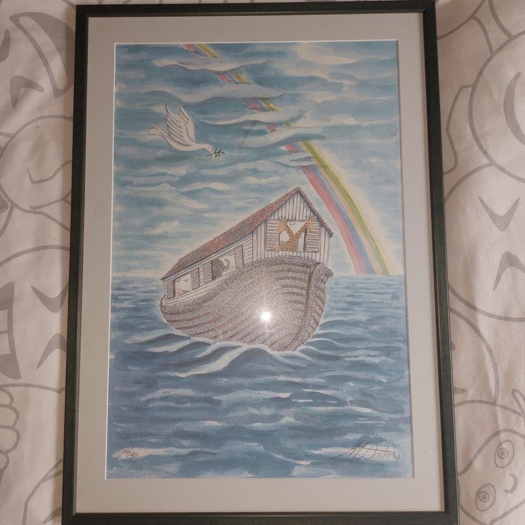Ingelijste aquarel: Ark van Noach met regenboog en duif, Antiek en Kunst, Ophalen