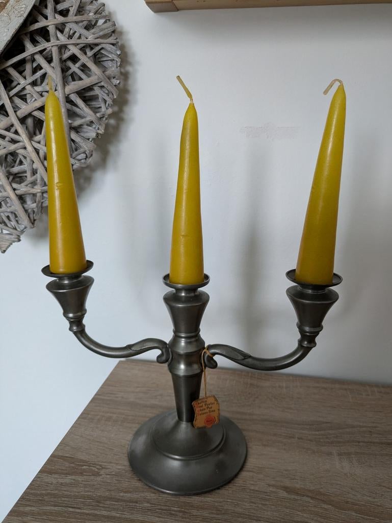 Tinnen 3 armige kandelaar., Ophalen of Verzenden, Overige materialen