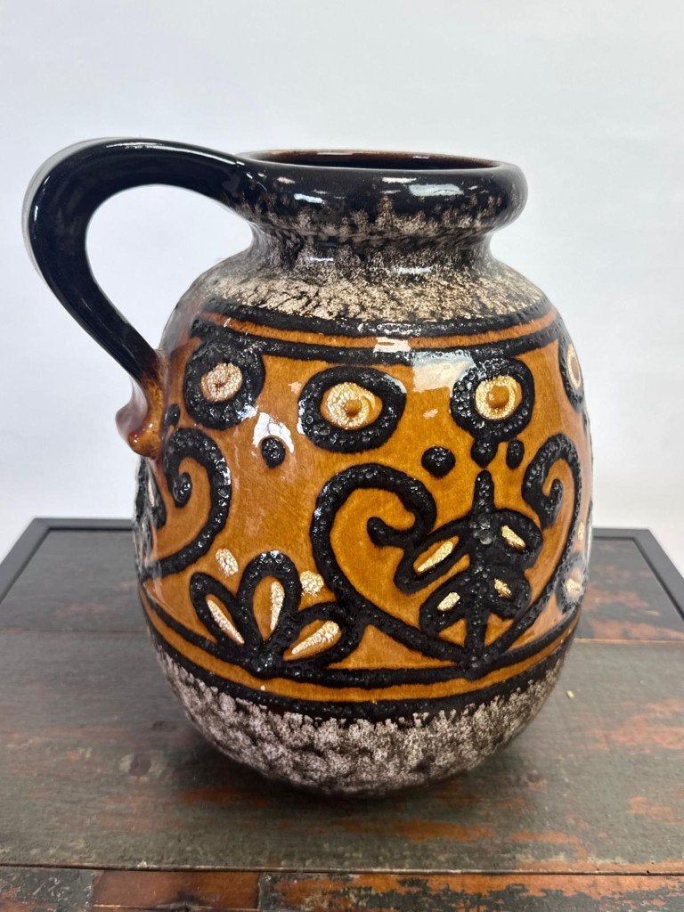 Vintage West-Duitse Fat Lava Vaas/Kruik - Bruin/Oranje, Antiek en Kunst, Ophalen of Verzenden