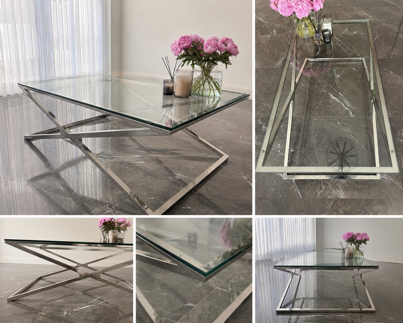 Moderne glazen salontafel met metalen onderstel, Huis en Inrichting, Tafels | Salontafels, Ophalen, 100 tot 150 cm, Luxe interieur, Richmond stijl, Eric Kuster stijl.