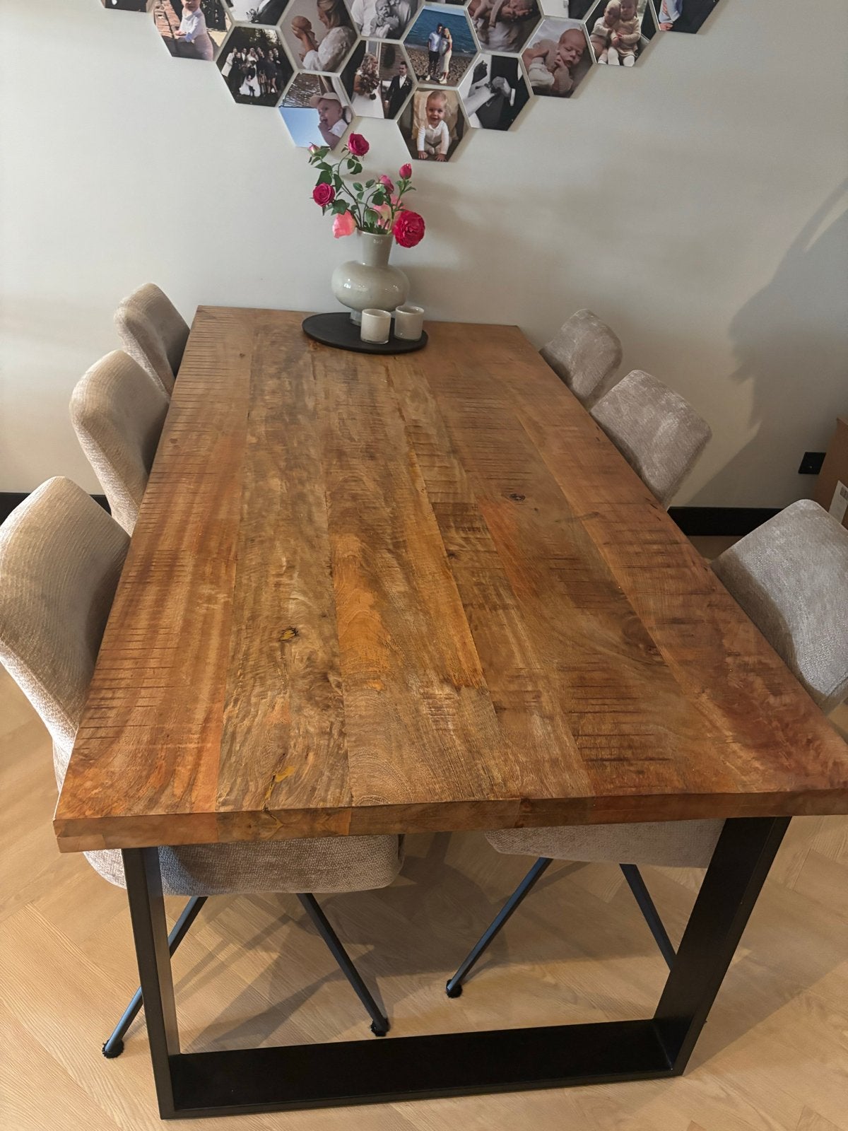 Mangohouten eettafel met stalen U-poten - 200x100x80 cm, Ophalen, Gebruikt, 100 tot 150 cm, Vijf personen of meer