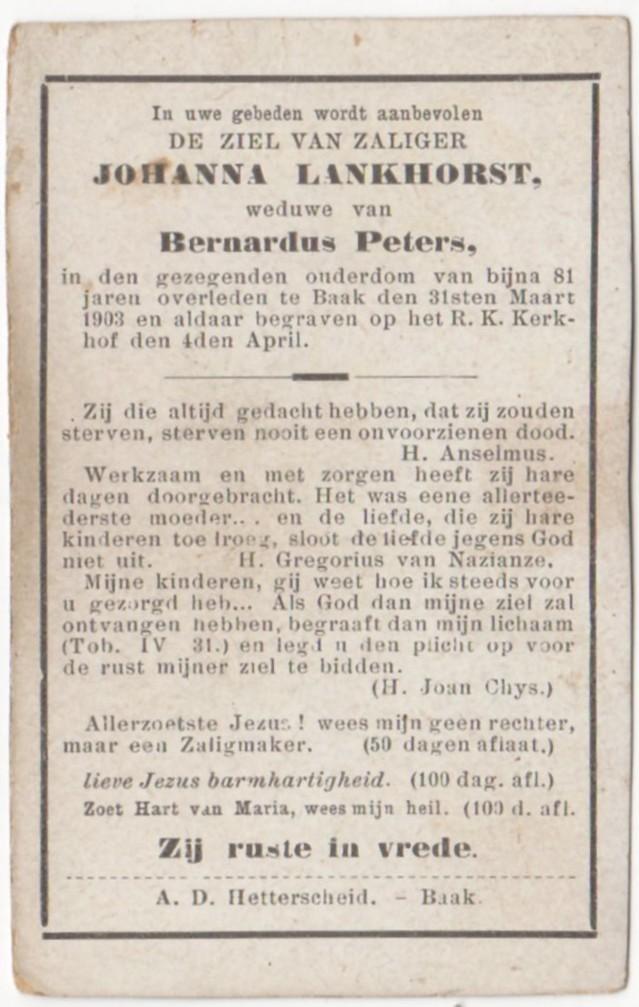 Johanna Lankhorst 1822 Bronckhorst/Zelhem + 1903 Baak, Verzamelen, Verzenden