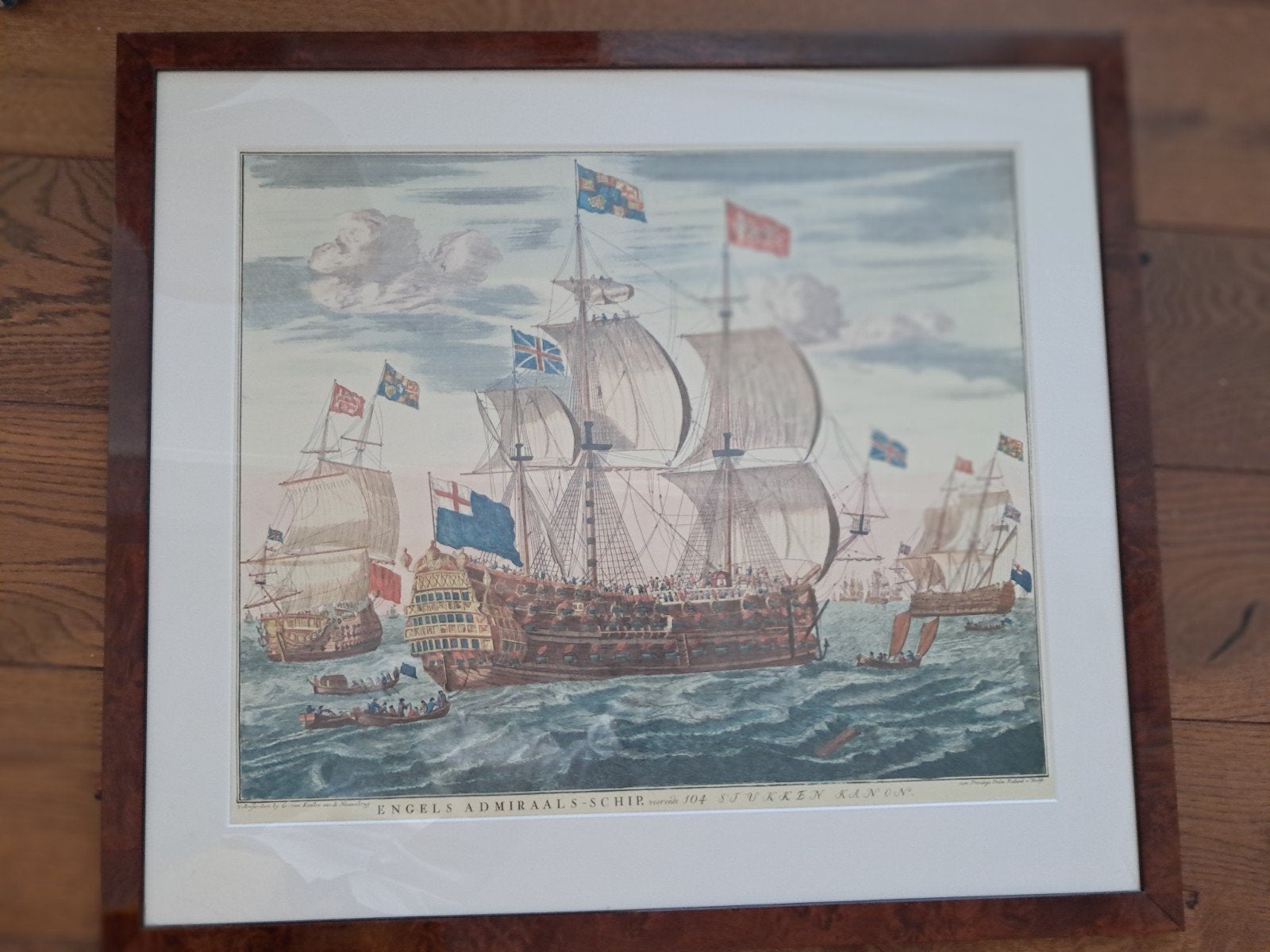 Ingelijste gravure Engels Admiraalschip, Antiek en Kunst, Ophalen of Verzenden