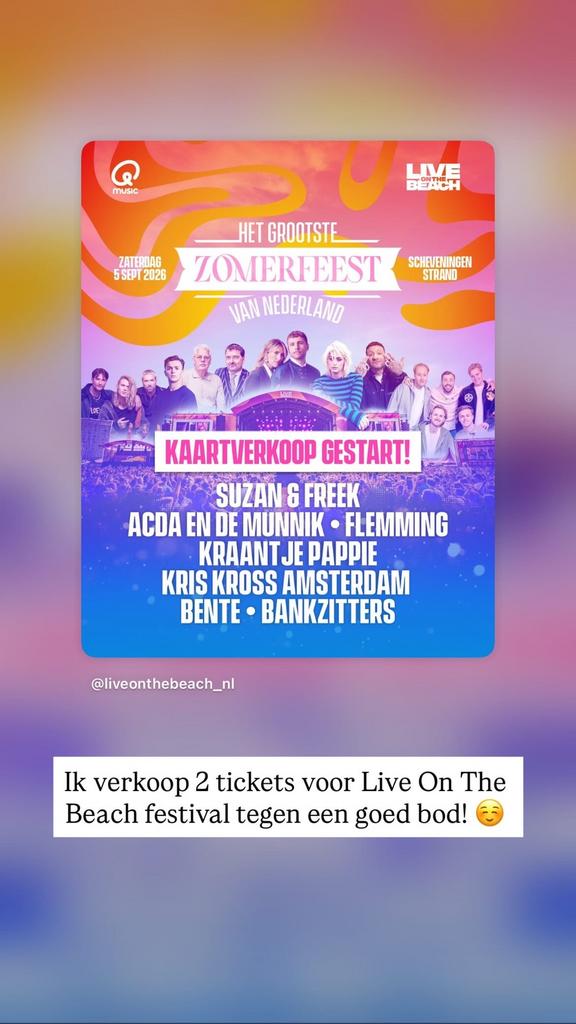 2 tickets voor Live On The Beach 5 sep te koop, Tickets en Kaartjes, Evenementen en Festivals, Twee personen