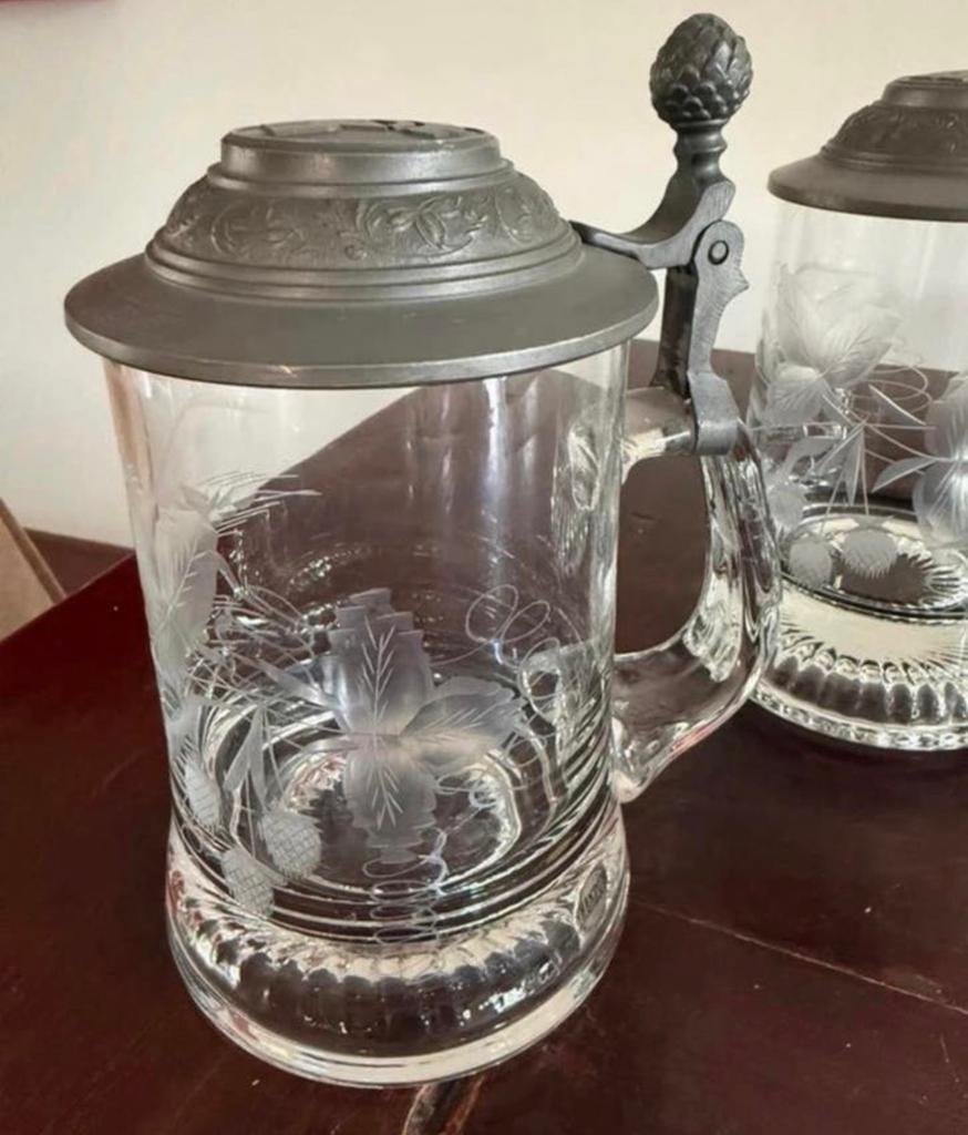 Vintage kristallen glazen bierpullen met tinnen deksel, Antiek en Kunst, Antiek | Glas en Kristal, Ophalen of Verzenden