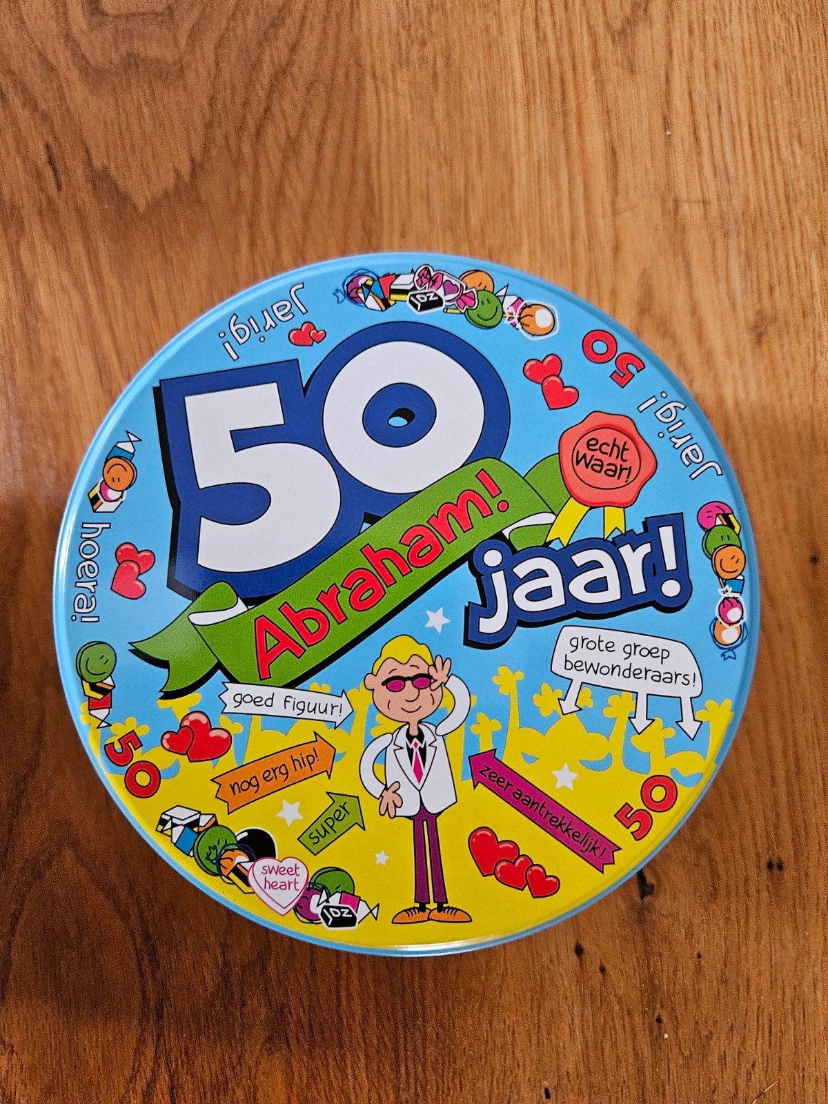 Blikken trommel 50 jaar Abraham, Verzamelen, Blikken, Ophalen of Verzenden, Zo goed als nieuw, Overige, Overige merken