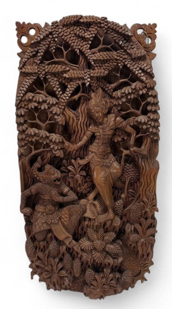 1052. Houten reliëfpaneel, Bali– Ramayana, midden 20e eeuw, Houtsnijwerk, Ophalen of Verzenden, 20 - 50 cm, Scène