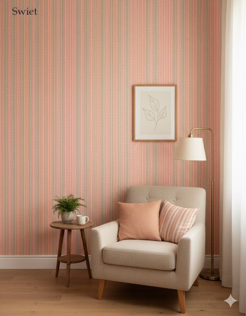 6952 pastel roze streepjes behang zachte warme look swiet, Huis en Inrichting, Stoffering | Behang, Ophalen of Verzenden, Roze