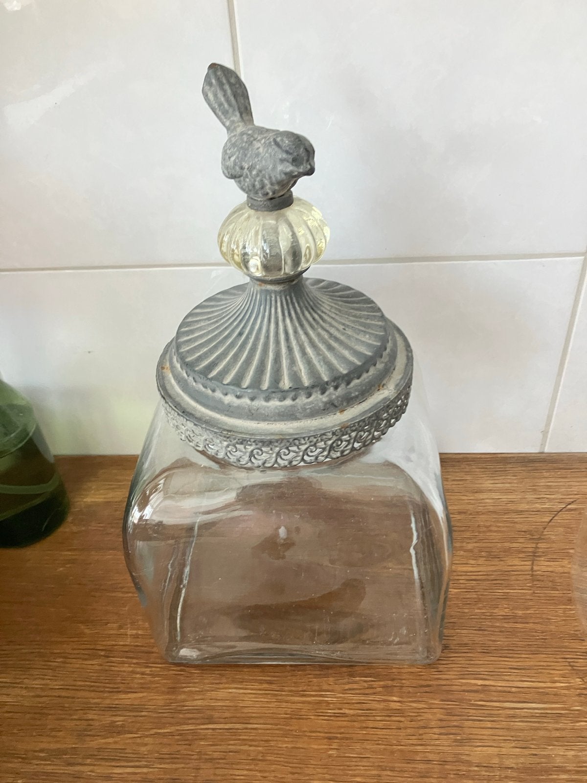 Glazen pot met decoratieve deksel en vogel, Ophalen of Verzenden