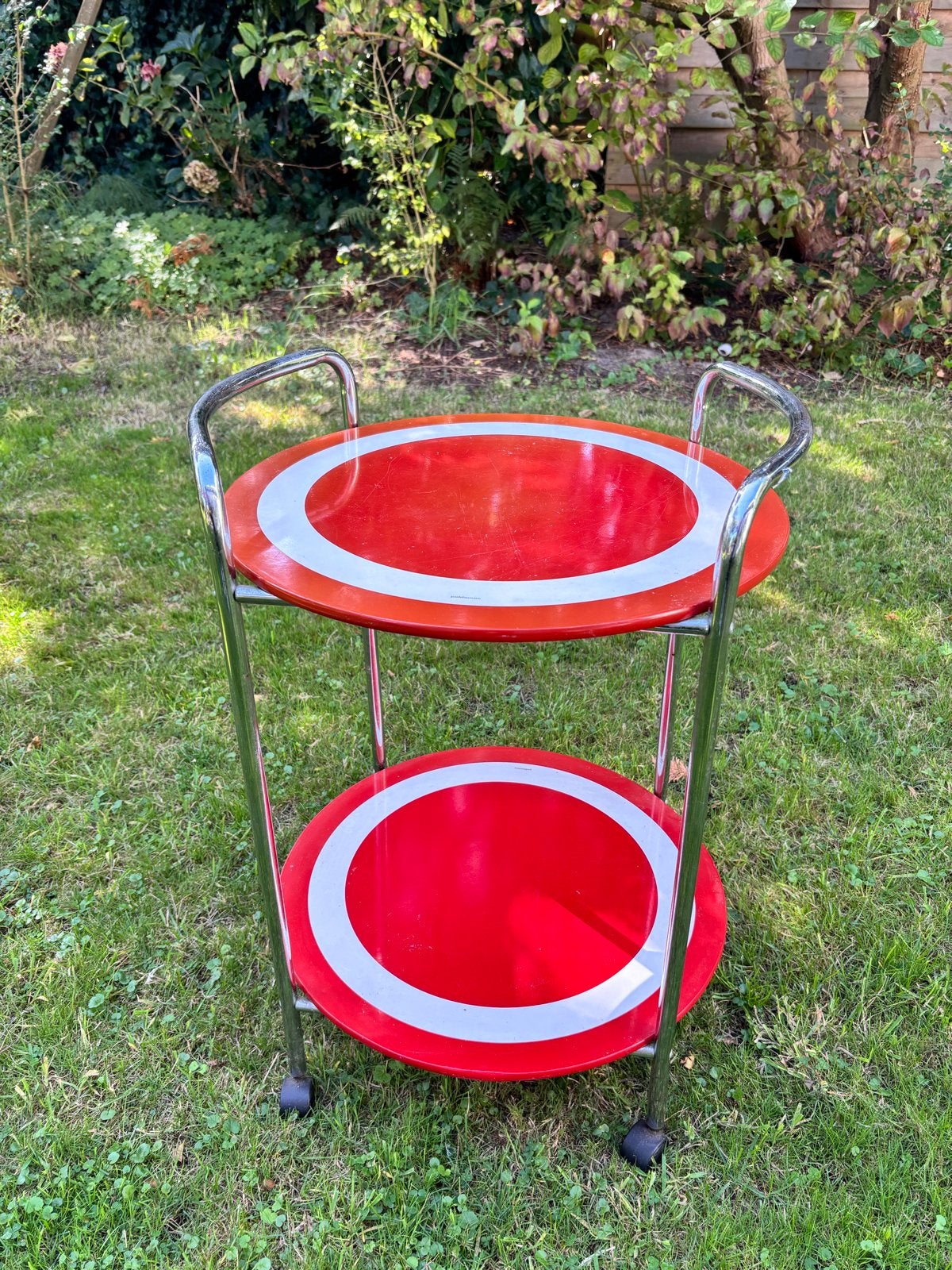 Vintage Puhlmann serveerwagen/ bijzettafel rood/chroom, Ophalen