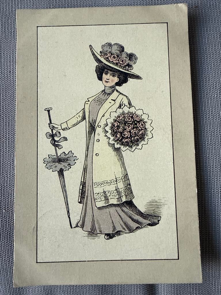 Antieke Ansichtkaart Dame met Hoed en Boeket (1900-1920), Ophalen, Voor 1920, Gelopen