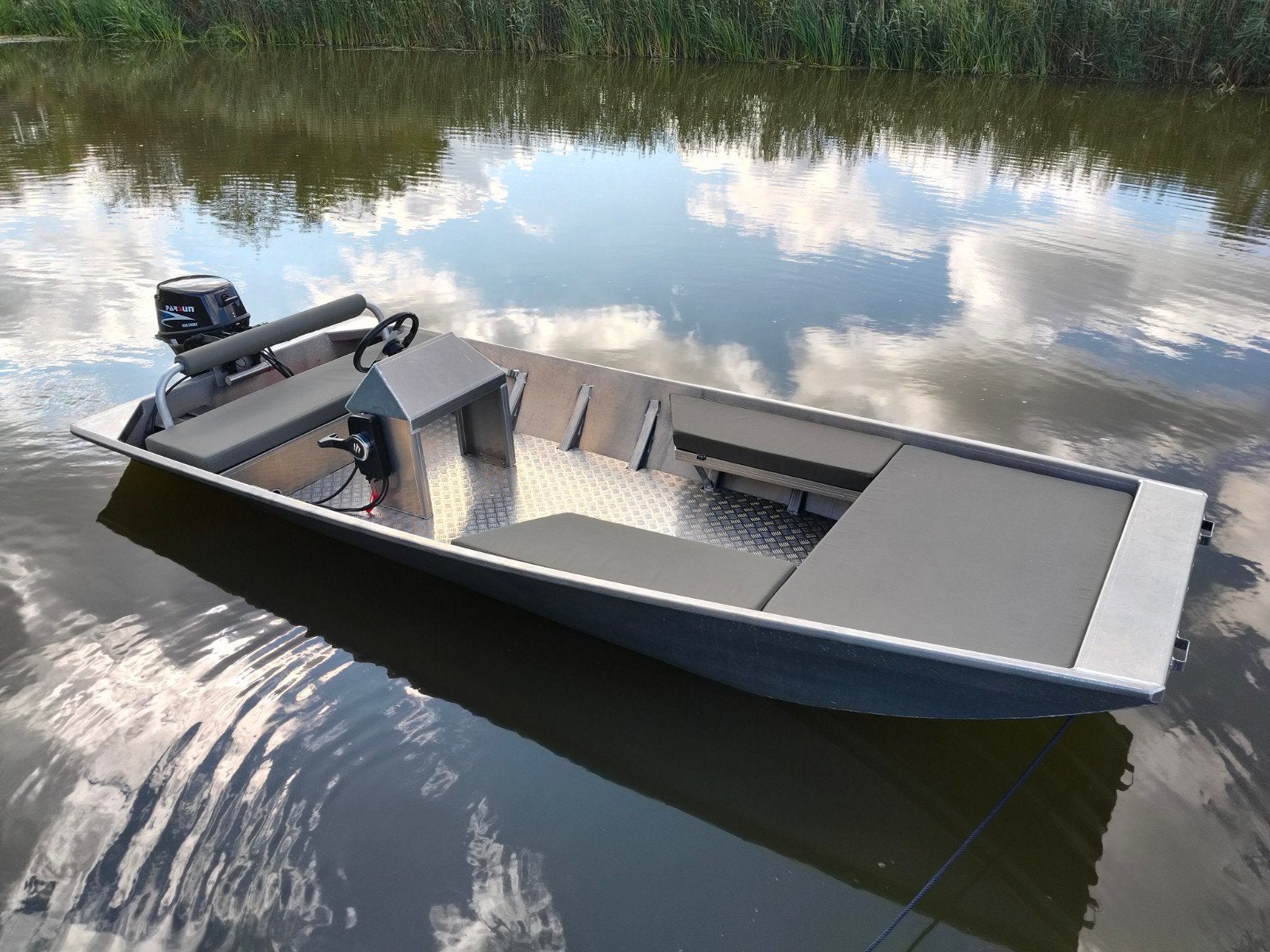 nieuwe  / demo  aluminium platbodem - console boot, Ophalen, Overig typen, Buitenboordmotor, Trailer