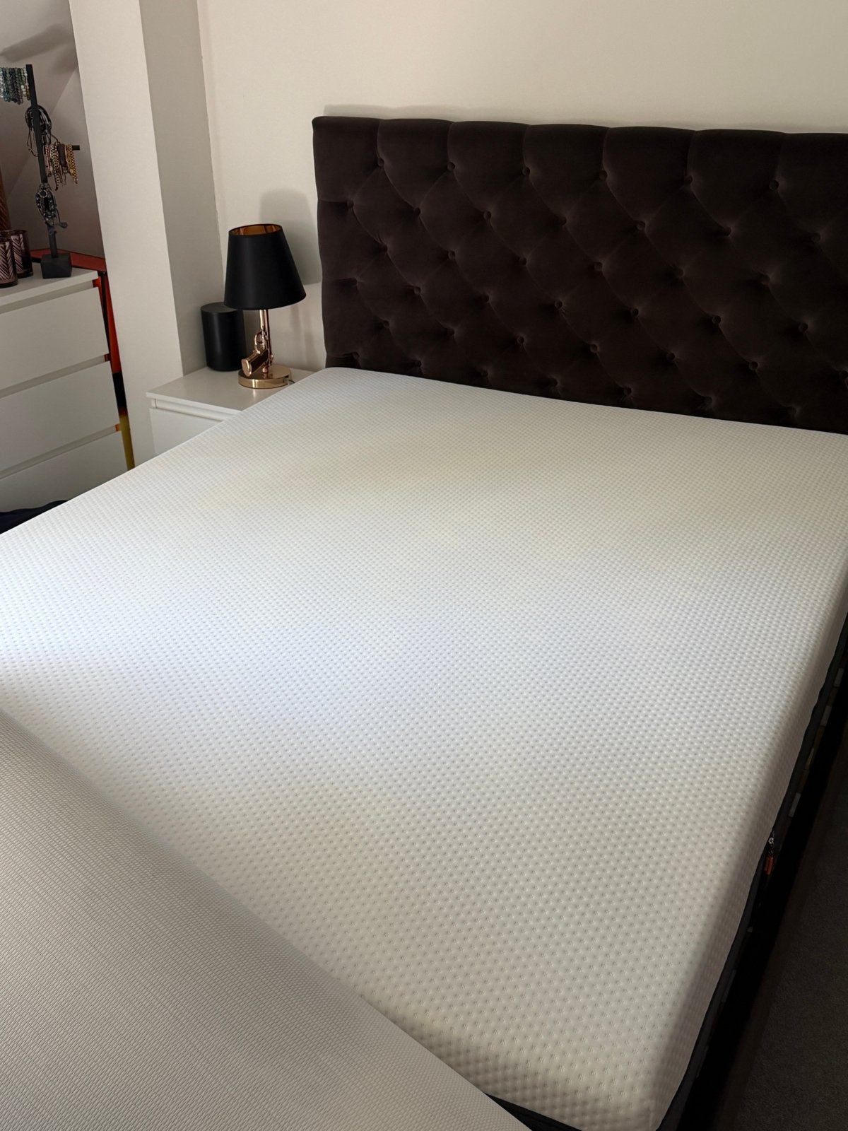 Velours grijs bed met Emma matras en topper, Tweepersoons, Ophalen of Verzenden, Zo goed als nieuw, 200 cm