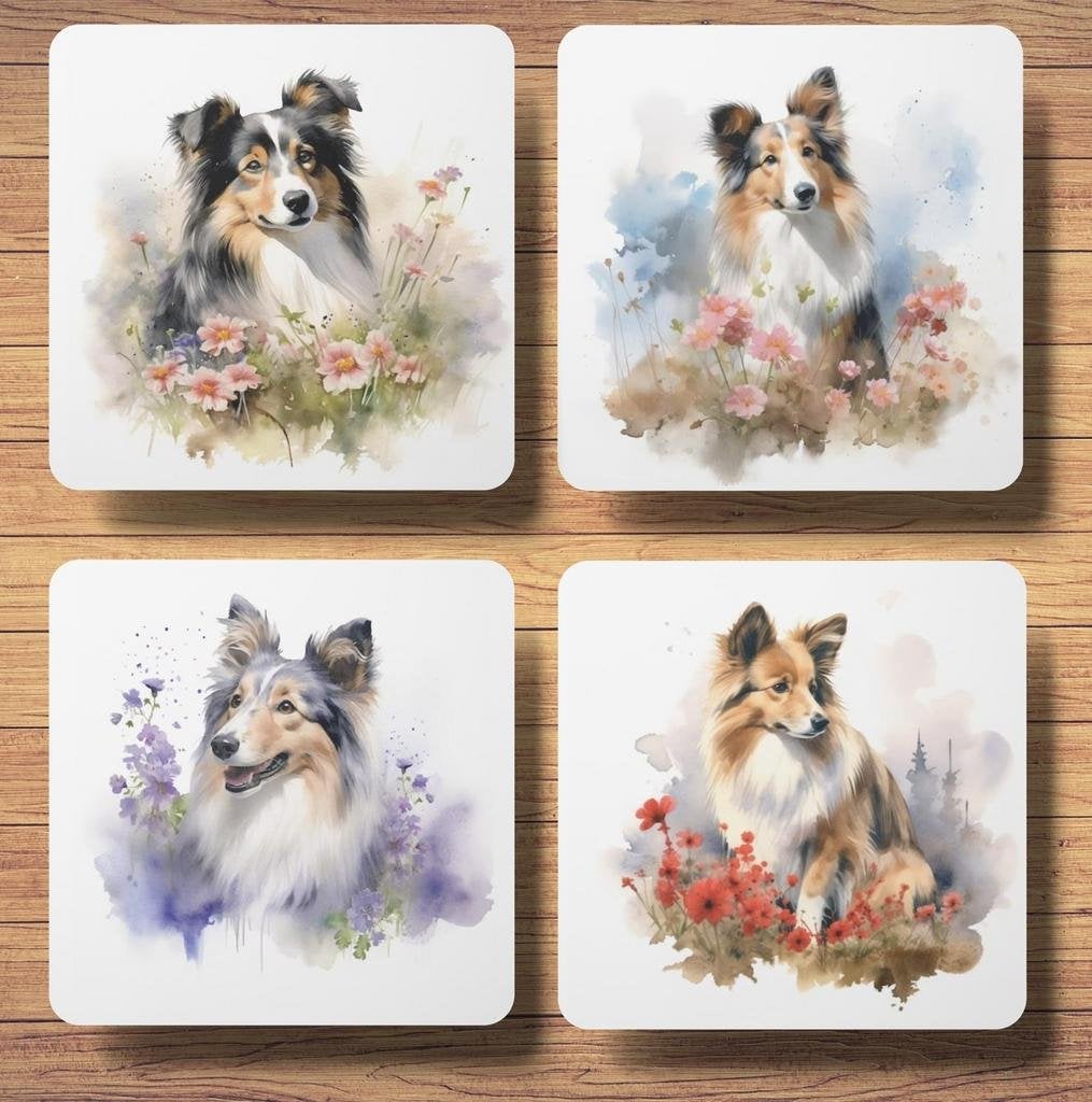 Sheltie Aquarel onderzetters met houder, Ophalen of Verzenden, Nieuw