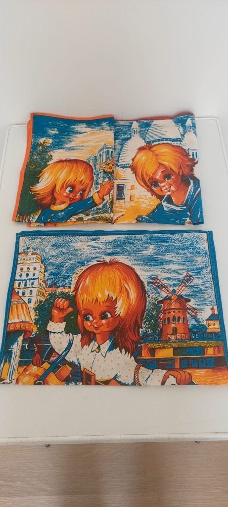 3 Vintage 70s Theedoeken  Wide Eye Art (Idylle), Eu, Katoen, Nieuw, Oranje