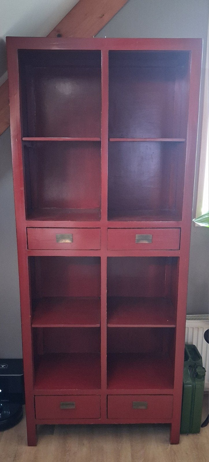 Rode boekenkast met lades - 220x90x49 cm, Ophalen, Met plank(en), Gebruikt, 200 cm of meer