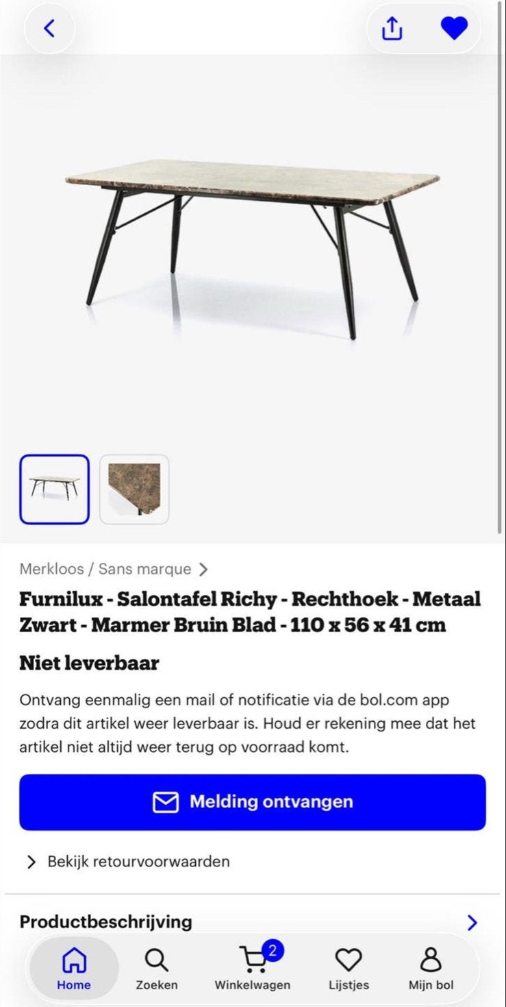 Salontafel By Boo Richy Marmer Bruin Blad, Ophalen, Gebruikt, 100 tot 150 cm, 50 tot 100 cm