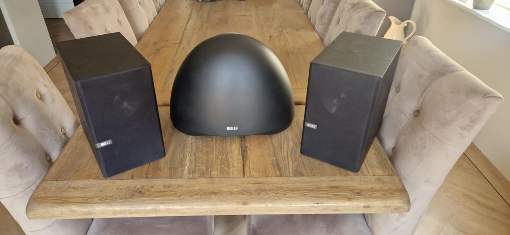 KEF Q100 speakers (2x) en KEF E-2 subwoofer, Overige merken, Gebruikt, Ophalen of Verzenden, 60 tot 120 watt