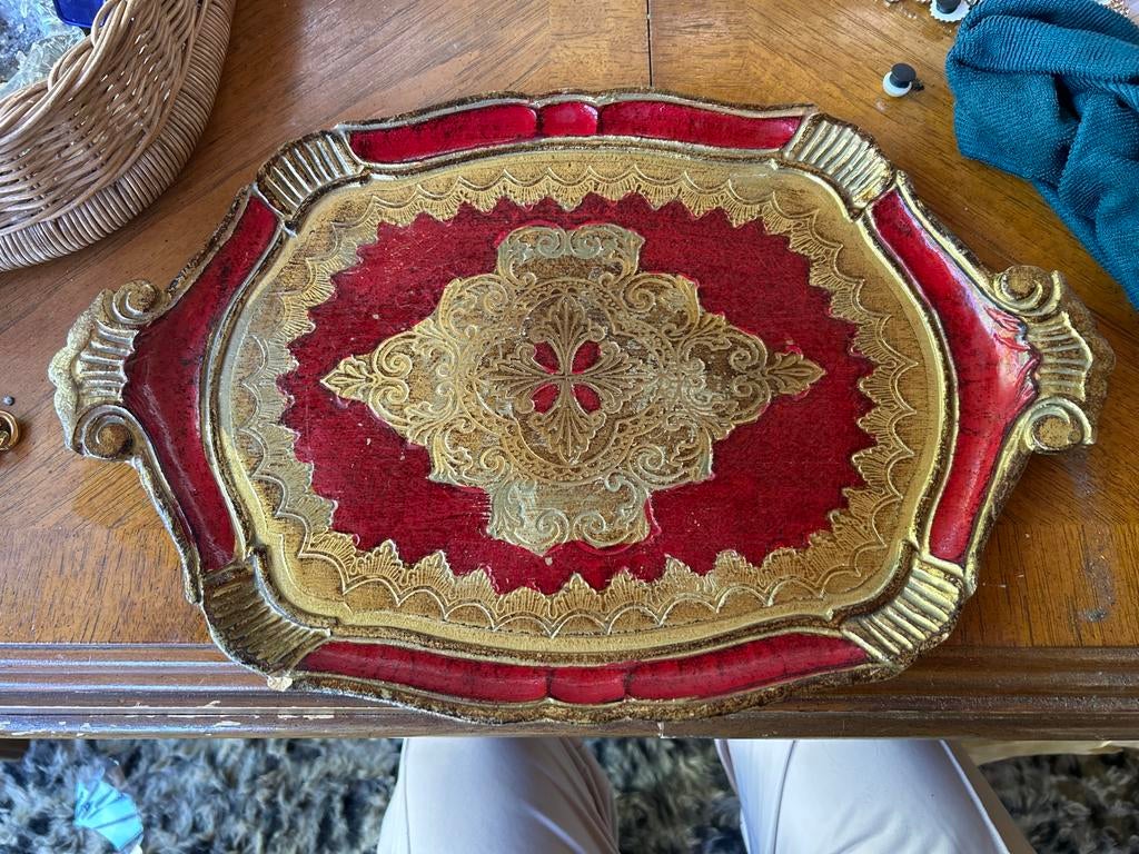 Vintage florantijns Dienblad Rood Goud Barok Stijl, Ophalen of Verzenden